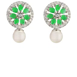 Zoey Rhodium-Plated Cubic Zirconia Studded Pearls Beaded Floral Shaped Drop Earrings image 2