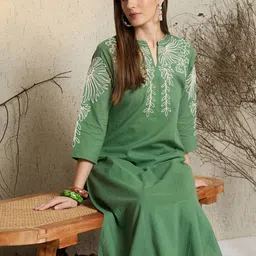 Indo Era Embroidered Mandarin Collar Thread Work Pure Cotton Kurta With Trousers-picture-29