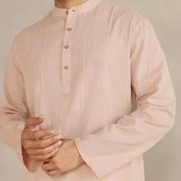 Fabindia Men Striped Zari Band Collar Kurta image 5
