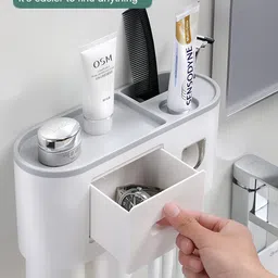TGOPIT Toothbrush Holder Wall Mounted, Automatic Toothpaste Dispenser Squeezer Kit With Holders For Bathroom-Shelf Magnetic Cups Toothpaste Holder(2 Cup,Abs Plastic, White) image 2