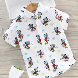 Babyhug Half Sleeves Knitted Cotton Shirt Mickey Mouse Print - White image 1