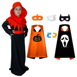 Sarvda Halloween And Vampire Costume Theme Full Sleeves Solid Dress With Reversible Cape Teeth Prop And Two Mask - Black-image-12