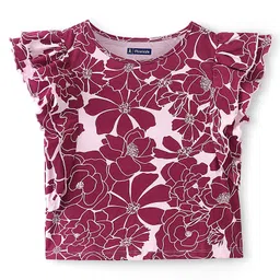 Pine Kids 100% Cotton Single Jersey Knit Ruffle Sleeves Top Floral Print - Red-picture-20