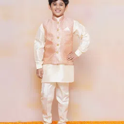 AJ Dezines Full Sleeves Solid Curved Hem Detailed Kurta & Pyjama With Seamless Motif Designed Waistcoat - Peach & Cream-image-2