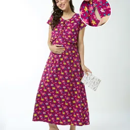 Bella Mama Cotton Knit Half Sleeves Concealed Zipper Nighty With Floral Print- Wine-image-67