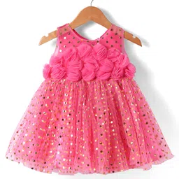Babyhug Woven Sleeveless Foil Printed Fit & Flared Textured Party Mesh Dress with Floral Appliques on Yoke - Neon Pink-picture-21
