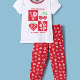 Honeyhap Premium Cotton Knit Half Sleeves Bio Finish Night Suit with Floral Print - Bright White & High Risk Red-picture-13