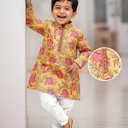 Babyhug Cotton Woven Full Sleeves Kurta Pyjama Set with Cambric Floral Print - Yellow-picture-17