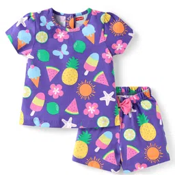 Babyhug Cotton Knit Half Sleeves Shorts Nightsuit With Tropical Print & Bow Applique -Purple-picture-11