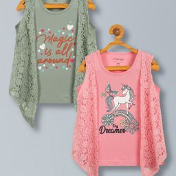 Plum Tree Pure Cotton Pack Of 2 Sleeveless Unicorn & MAgic Is All Round Glitter Printed Top With Attached Floral Lace Shrug Top - Coral & Green-picture-33