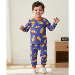 Babyhug Cotton Knit Full Sleeves Co-ords Night Suit With Star Print - Violet-picture-18