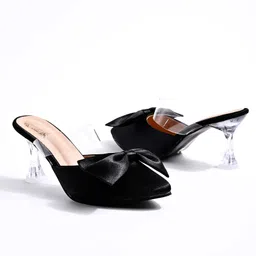 Shoetopia Bow Applique Detailed Pump Heeled Sandals - Black image 1