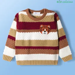Babyoye Cotton Knit Full Sleeves Pullover with Stripes & Tiger Embroidery - Brown Tan & White-image-27