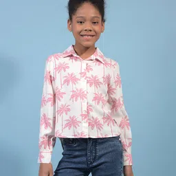 CRIMSOUNE CLUB Viscose Woven Full Sleeves Palm Trees Printed Shirt Style Top - Peach-picture-14