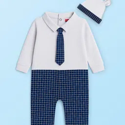 Babyhug Cotton Knit Full Sleeves Party Romper Checked Design & Tie Detailing With Cap - Grey & Navy Blue-image-12