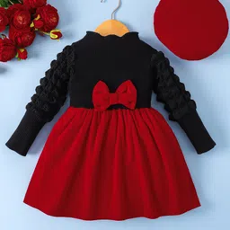 Mark & Mia Full Sleeves Solid Party Dress With Bow Applique - Red & Black-picture-19