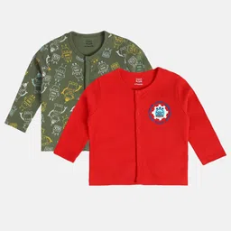 MINI KLUB Cotton Knit Pack Of 2 Full Sleeves Robots Printed Jhablas - Red & Green-picture-37