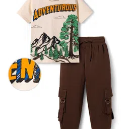 OLLINGTON ST. Cotton Knit Half Sleeves Adventurous Text Printed T-Shirt & Joggers Set - White & Brown-picture-18