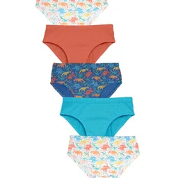 Charm n Cherish Cotton Knit Pack Of 5 Solid & Dinosaur Printed Briefs - White Orange & Blue-image-5