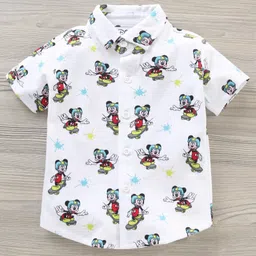 Babyhug Half Sleeves Knitted Cotton Shirt Mickey Mouse Print - White image 2