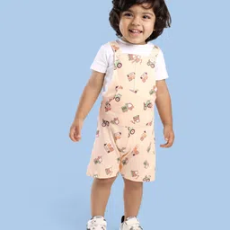 Babyoye  100% Cotton Knit With Eco Jiva Finish Dungaree with Half Sleeves T-Shirt Tractor Print - Multicolour image 2