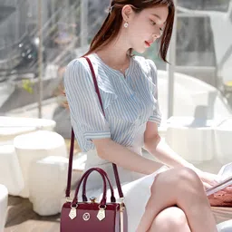 SYGA Women Elegant Glossy Handbag Medium Pillow Bag with Lock Closure (Burgundy) image 2