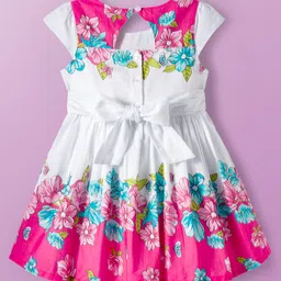 Babyoye 100% Cotton Woven Half Sleeves Frock With Floral Print - White & Dark Pink image 2