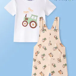 Babyoye  100% Cotton Knit With Eco Jiva Finish Dungaree with Half Sleeves T-Shirt Tractor Print - Multicolour image 3