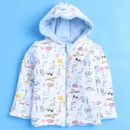 BUMZEE Cotton Knit Full Sleeves Dinosaur Printed & Embroidered Hooded Reversible Jacket - Sky Blue & White image 3