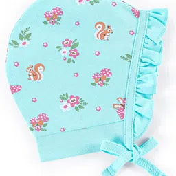 Babyhug 100% Cotton Caps Pack of 2 Floral & Squirrel Print Multicolor - Diameter 13 cm image 4
