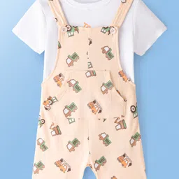 Babyoye  100% Cotton Knit With Eco Jiva Finish Dungaree with Half Sleeves T-Shirt Tractor Print - Multicolour image 4
