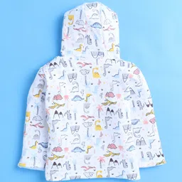 BUMZEE Cotton Knit Full Sleeves Dinosaur Printed & Embroidered Hooded Reversible Jacket - Sky Blue & White image 4