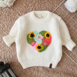 Qvink Knit Full Sleeves Heart & Floral Embroidered Sweater - Cream image 5