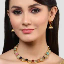 Karatcart Antique Gold Plated Multicolor Stones Studded Floral Design Necklace Set-picture-10