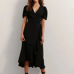 R.Code by The Roadster Life Co. Women Puff Sleeve Crepe Wrap Midi Dress-picture-30