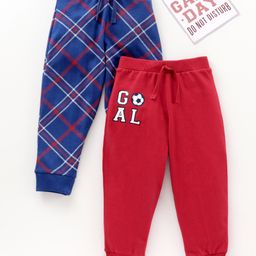 Babyhug Cotton Knit Full Length Checks & Text Printed Lounge Pants Pack Of 2 - Navy Red-image-64