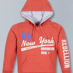Plum Tree Full Sleeves New York Print Hooded Sweatshirt - Orange image 1