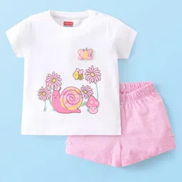 Babyhug Cotton Knit Single Jersey Half Sleeves Night Suit With Snail Print - White & Pink-picture-15