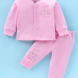 Pink Rabbit Single Jersey Knit Full Sleeves Front Open Night Suit with Mouse Print - Pink-picture-3