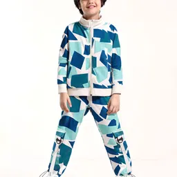 Ollington St. Cotton Knit Full Sleeves Front Open Abstract Printed Sweatshirt & Cargo Joggers Co-Ord Set - Teal Blue image 1