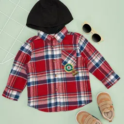 Pantaloons Baby Cotton Full Sleeves Kids Camp Text Patch Detailed Checked Hooded Shirt - Red-picture-11