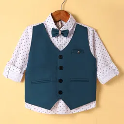 Dapper Dudes Full Sleeves Abstract Printed Shirt With Attached Solid Waistcoat & Bow Set - Royal Blue-picture-32