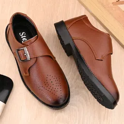 Stefens Solid Monk Shoes With Buckle Closure - Tan-picture-27