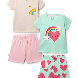 Bonfino 100% Cotton Knit Half Sleeves Heart & Rainbow Printed Shorts Night Suits Pack of 2 - Aqua Blue & Ivory-picture-21