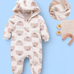 Mark & Mia Full Sleeves Winter Wear Hooded Romper With Bear Print - Cream-picture-39