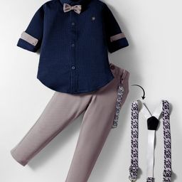 Rikidoos Full Sleeves Textured Shirt & Pant With Suspender & Bow Set - Navy Blue & Grey-picture-23