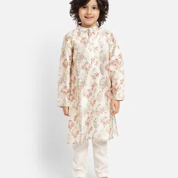 Piccolo Silk Woven Full Sleeves Floral & Lantern Printed Kurta With Pyjamas Set - Off White-picture-16
