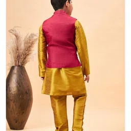 Vastramay Full Sleeves Solid Kurta & Pyjama With Sequin Embellished Floral Woven Designed Nehru Jacket - Mustard Yellow & Maroon image 3