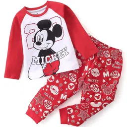 Babyhug Disney Single Jersey Knit Raglan Sleeves Night Suit Mickey Mouse Graphics - Red image 4