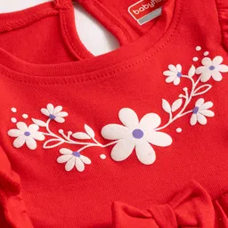 Babyhug Cotton Knit Full Sleeves Frock With Floral Embroidery Bow Applique & Frill Detailing - Red image 3